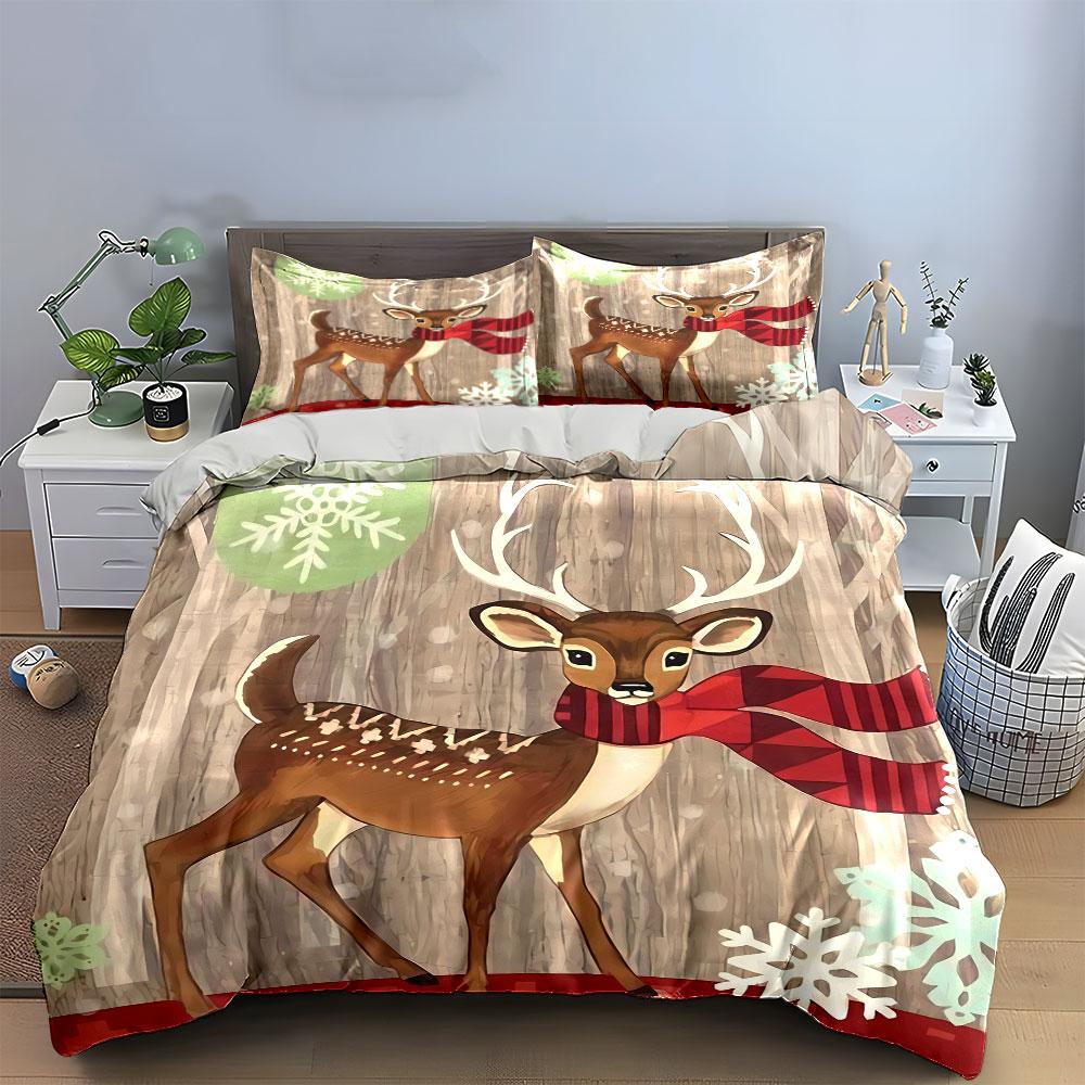 Deer with Red Scarf Winter Decor Bedding Duvet Cover Set Duvet Cover Pillowcases (1*Duvet Cover 2*Pillowcases, without duvet insert)