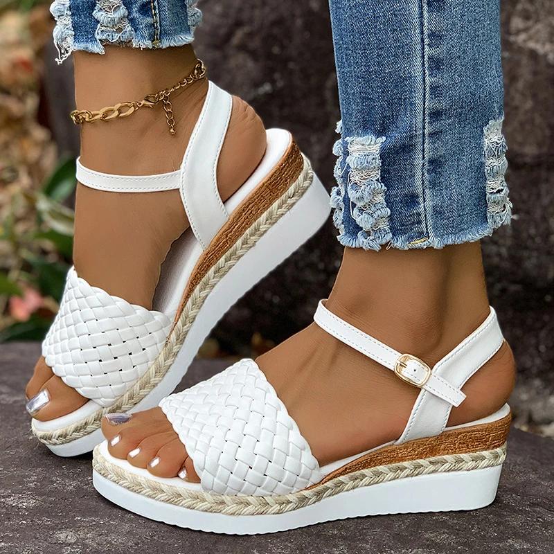 Fashion Women's Summer White Wedge Sandals Fashion Braided Ankle Strap Platform Sandals Woman Lightweight Non Slip Beach Shoes Plus Size