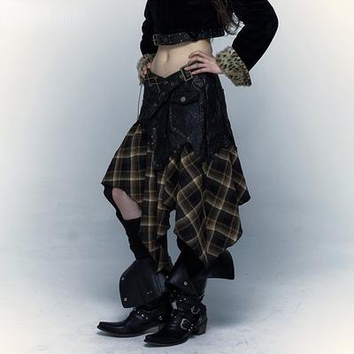Grunge Estetik Düzensiz Etek Japon Y2k Vintage Ekose Etek Wasteland Punk Patchwork Şık Etek Gotik Harajuku