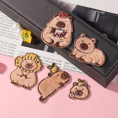 5Pcs Cute Capybara Embroidery Patches Cartoon Animal Iron On Patches For Clothing Adhesive Patches On Clothes Diy Sew Badges