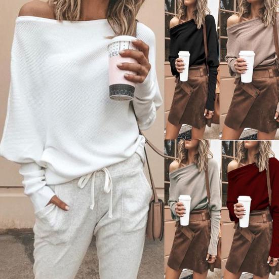 Sexy Women Solid Color Off Shoulder Long Sleeve Sweater Loose Knitted Pullover