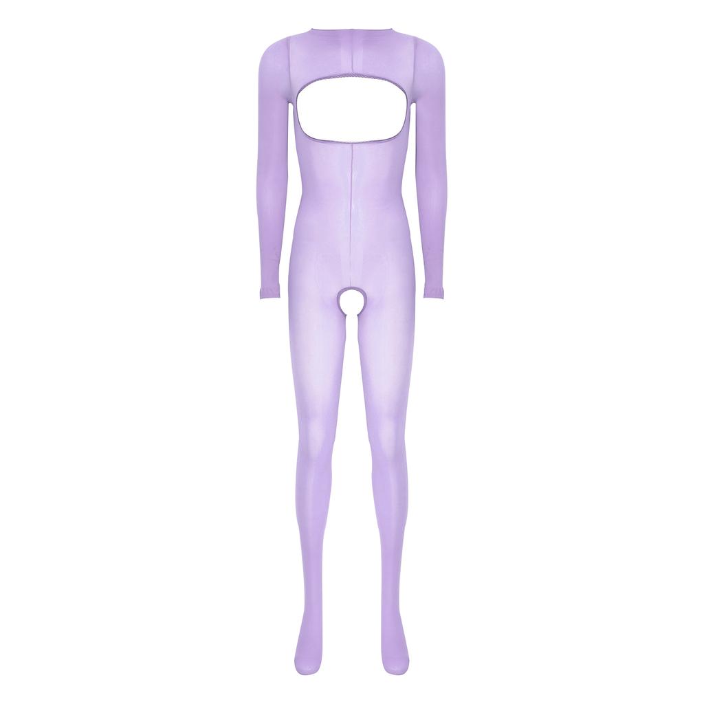 Womens Glossy See Through Long Sleeve Open Breast Crotchless Bodystocking