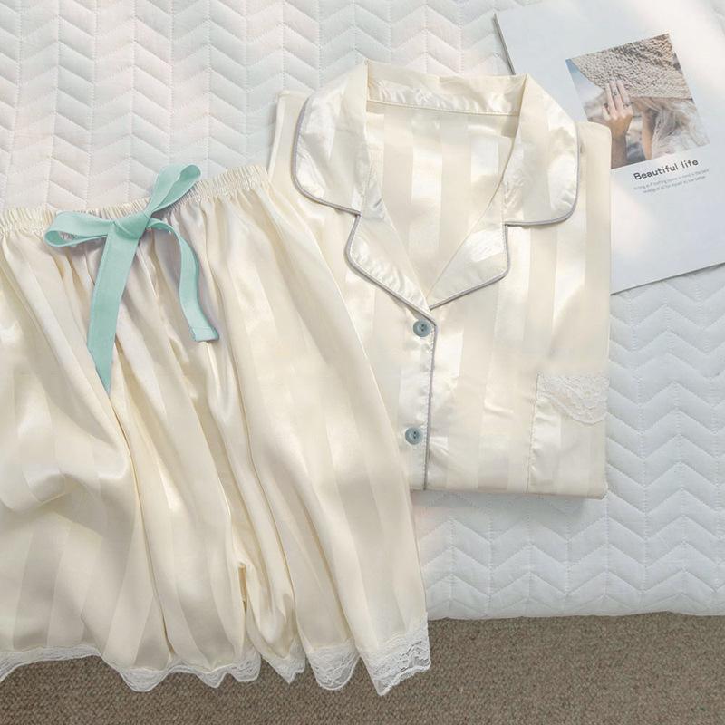 Lazy Wind Sweet Striped Short-Sleeved Shorts Ice Silk Pajamas Women'S Summer Can Wear Loungewear Women'S Suit