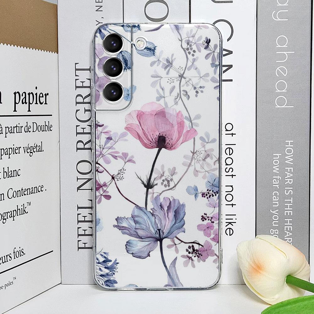 Floral Palm Leaf Flower Painted Phone Case for Samsung Galaxy S25 24 S23 S22 S21 Ultra Plus FE 5G Transparent Soft Cover Fundas