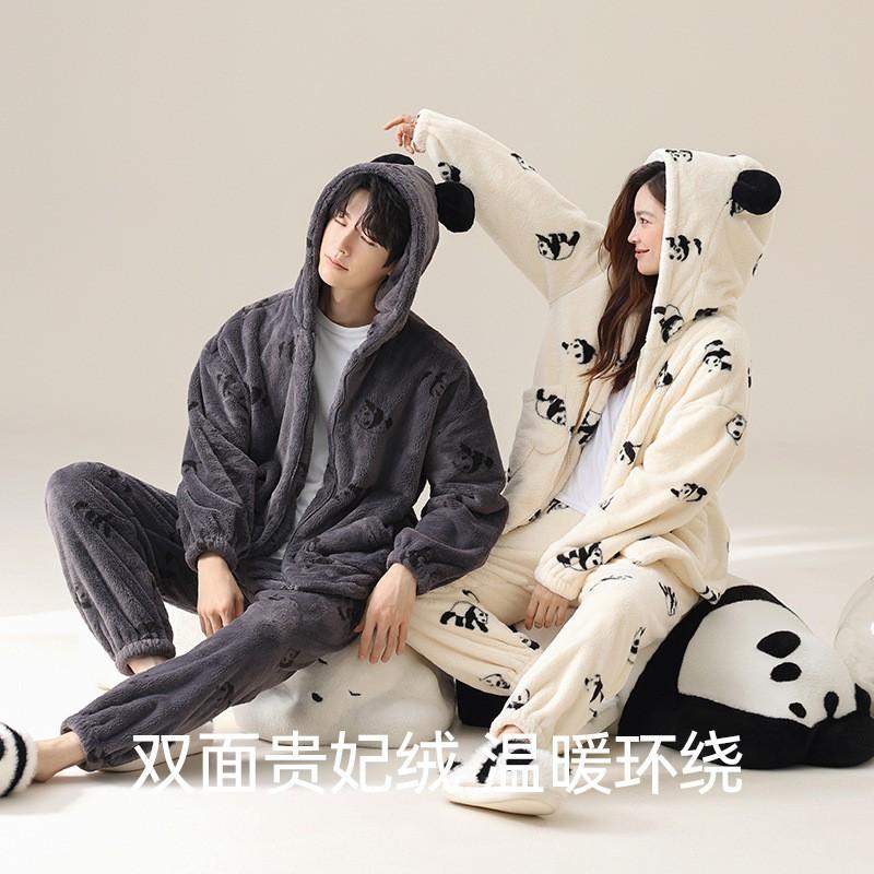 Cozy Fleece Pajama Set Couples Panda Cartoon Print Warm Winter Home Wear Long Sleeve Hooded
