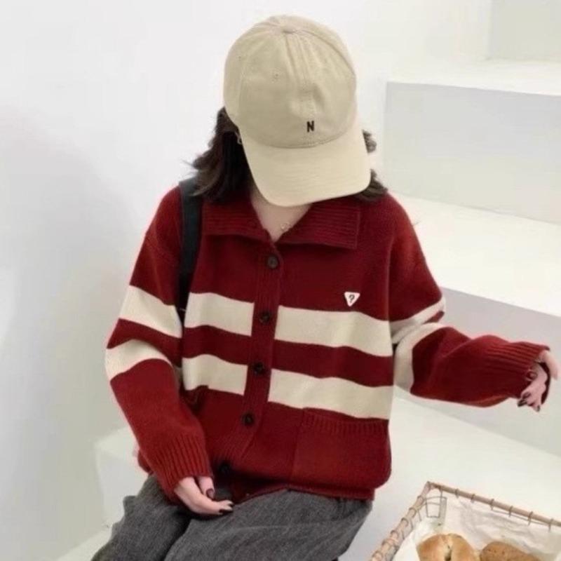 

Autumn and winter new retro college loose long-sleeved sweater women s lazy wind stand-up collar striped knitted jacket One Size
