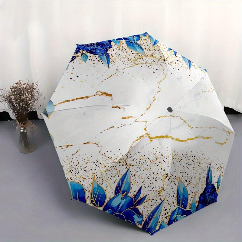 Marble Floral Automatic Folding Umbrella Simple 8 Rib Design, Bright Cartoon Pattern, Durable Iron Frame, Suitable For Travel, Outdoor, Bea