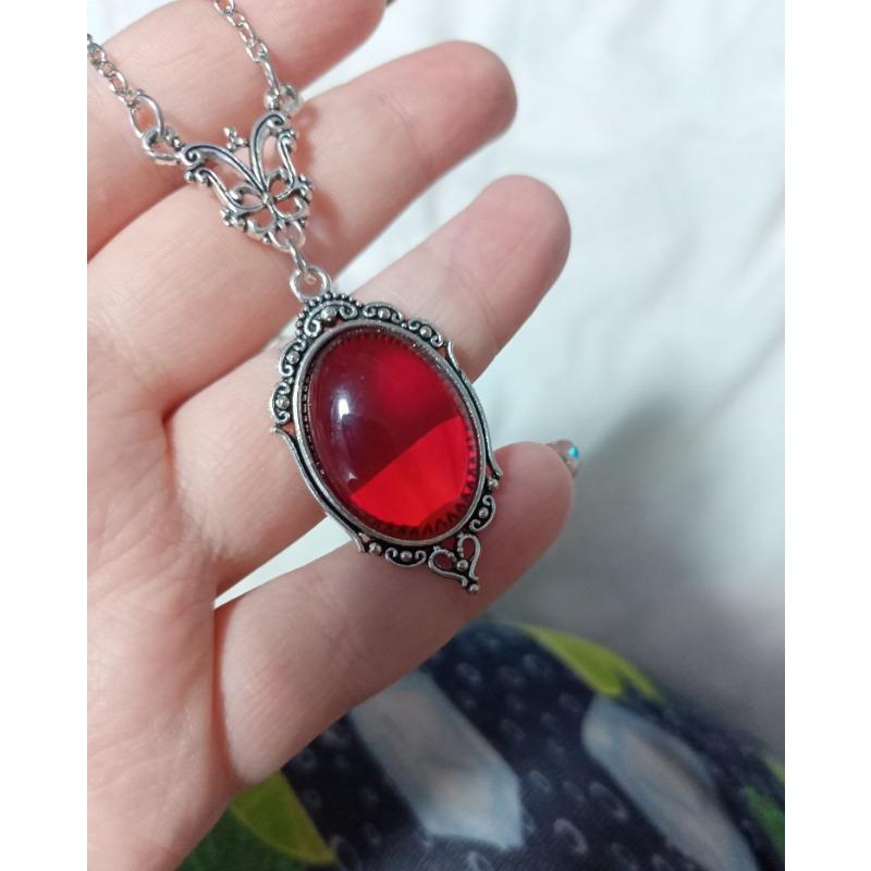 Colgante de Cristal de Cuarzo Rojo Vintage Plateado Plata Joyería de Moda Collar