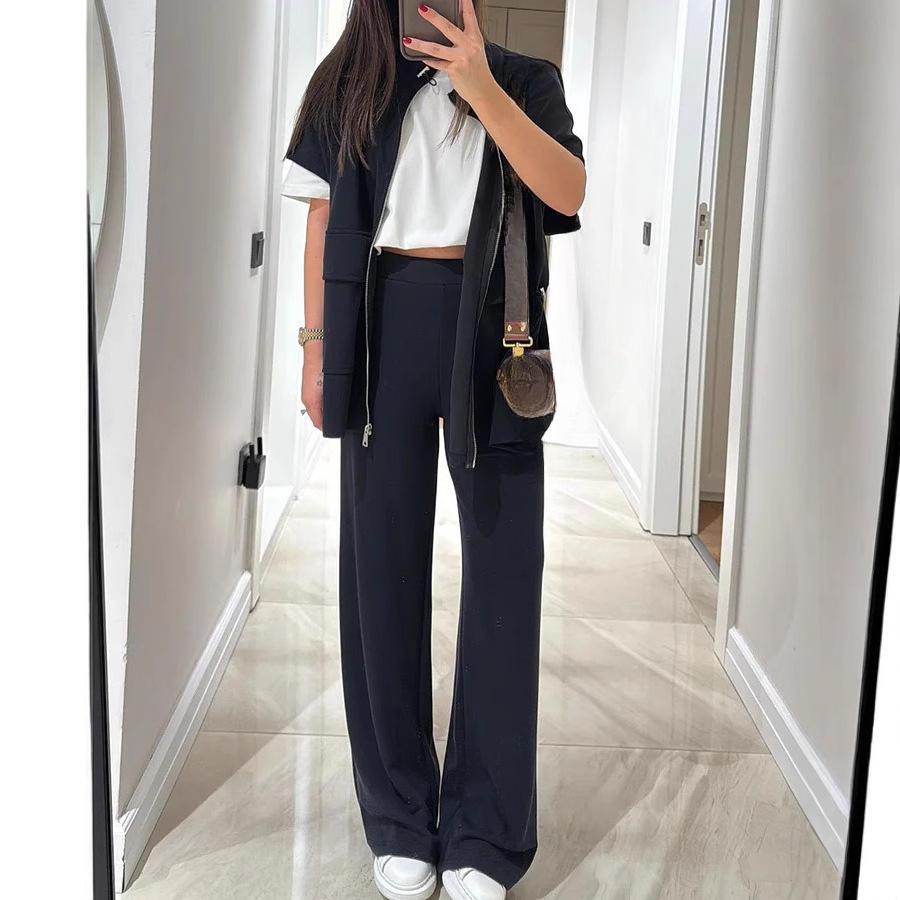Women's Sleeveless Zip Vest with Wide Leg Pants Set in Neutral Tones