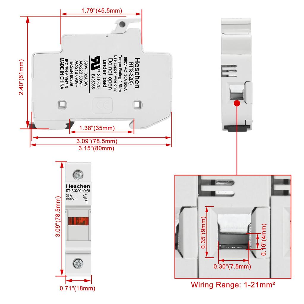 Heschen RT18-32(X) 32A AC690V Single Pole DIN Rail Mount Cylindrical Fuse Holder Base for