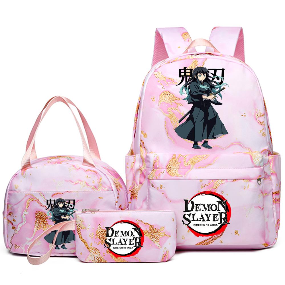 3Pcs/set Demon Slayer Printed Backpack Handbag Pencil Case for Teenager Student Girl Boy Bookbag Schoolbag Women Large Capacity Waterproof Travel Bag