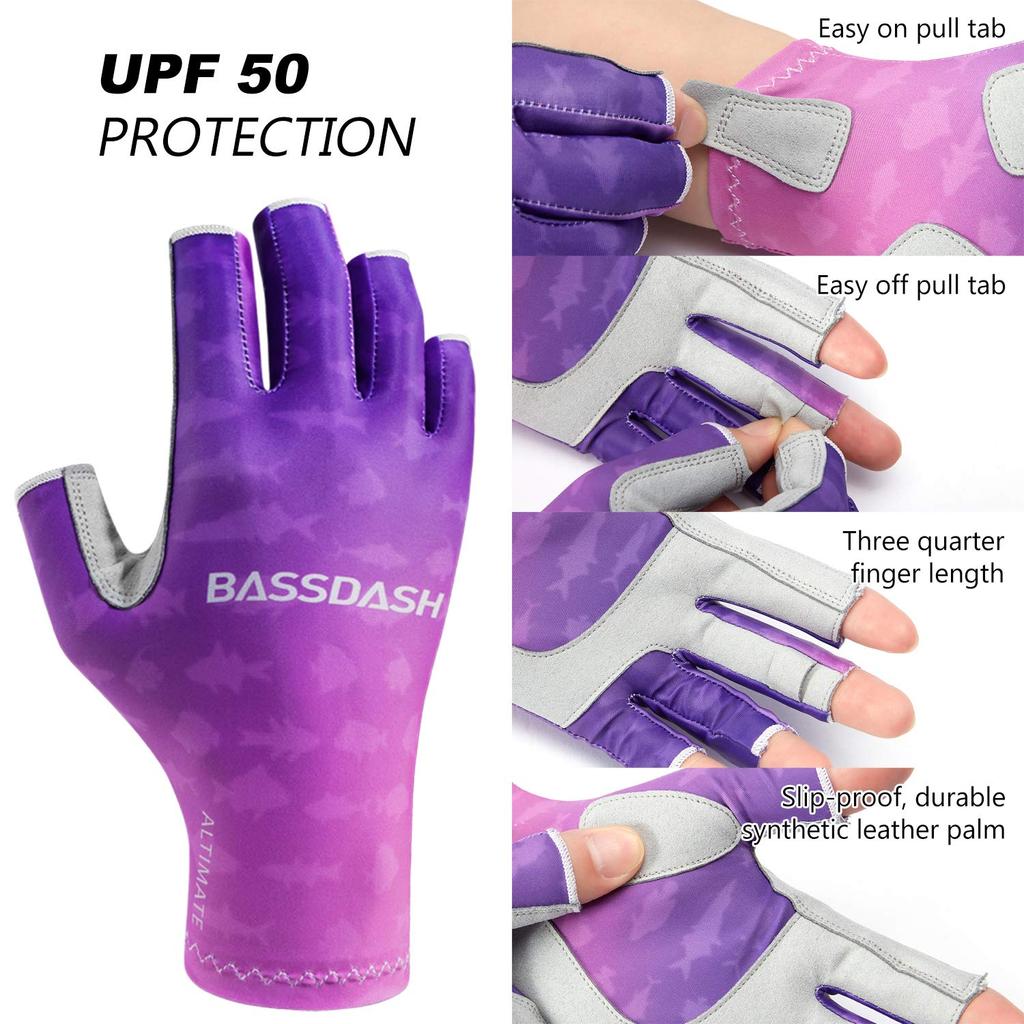 Bassdash Fishing UPF UV Sun Quick Finger Women's Gloves, 50+ Protection, Protection, Drying, 3/4