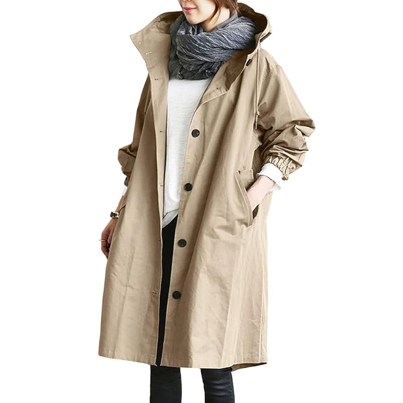 

[Muzly] trench coat spring coat ladies outer coat casual commute Relaxing long length hooded spring Autumn (JP, alphabet, L, khaki)