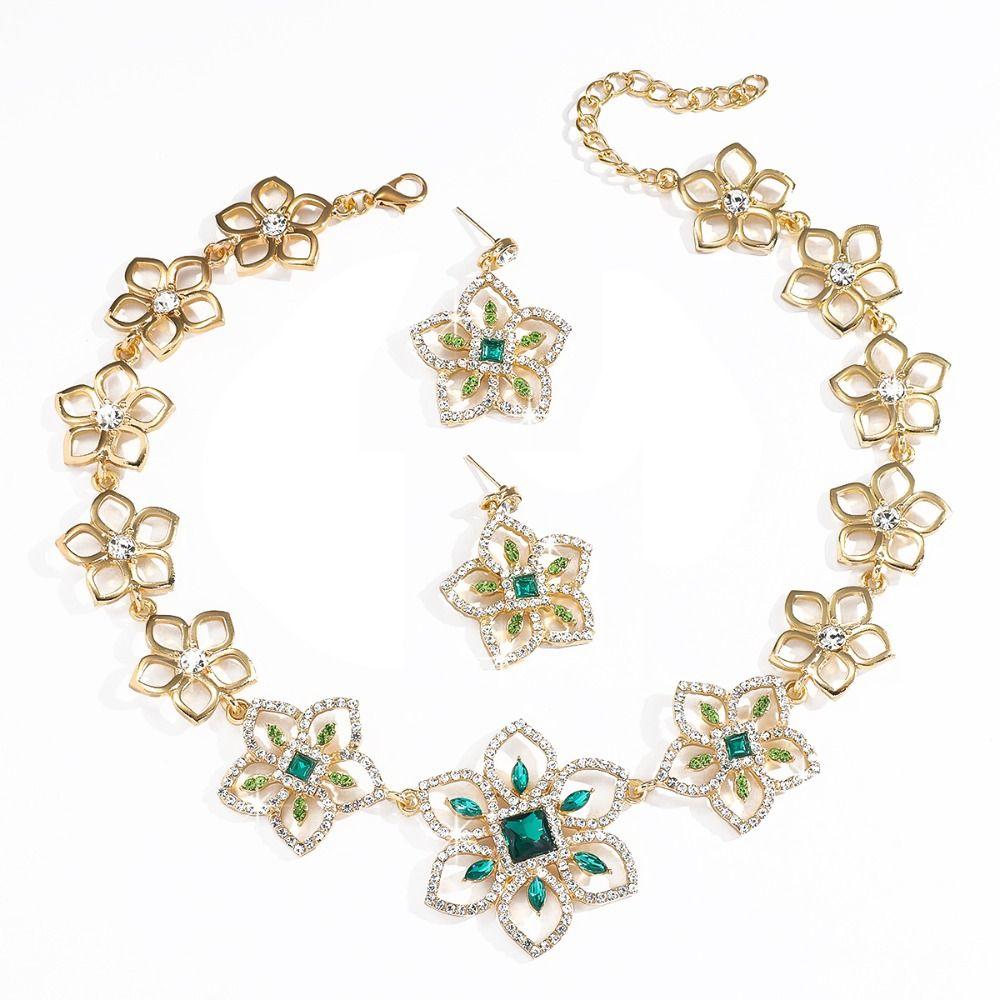 Crystal Flower Jewelry Set Exquisite Necklace Earrings Set Rhinestone Necklaces Earrings  Banquet