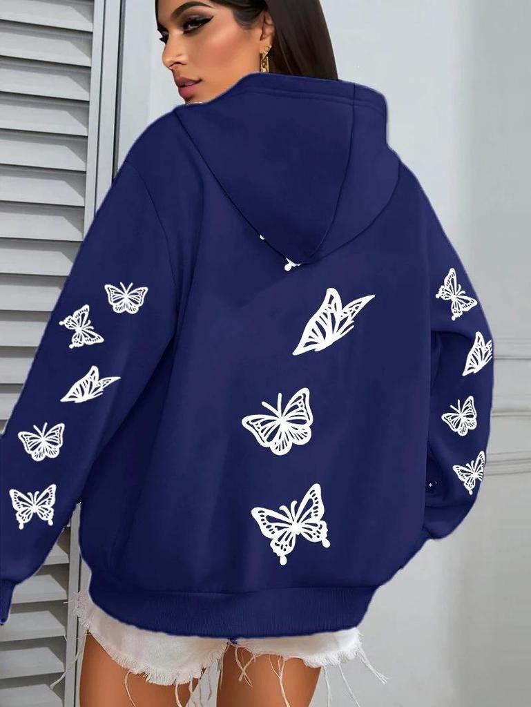 Creative Simple Butterfly Print Women's Hoodie with Pockets - Autumn/Winter Style Sweatshirt Top