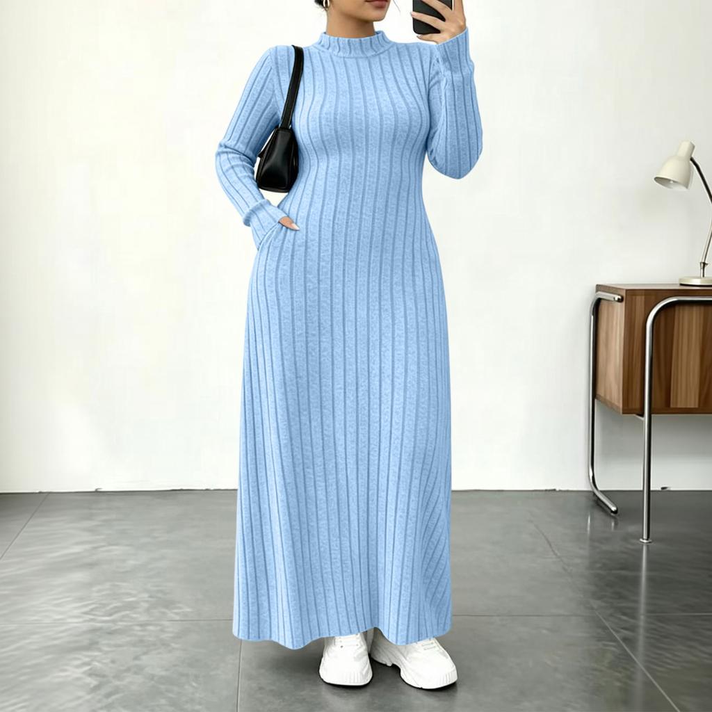 Damen Color Rippen Mock-Neck Kleid mit Taschen, Figurbetonter Taillenbetonung für den Alltag