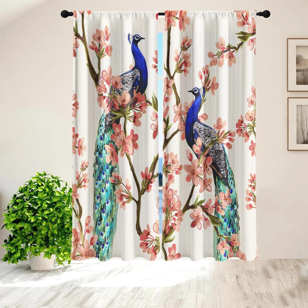 2pcs Elegant Peacock Pattern Curtains Polyester Rod Pocket For Living Room Bedroom Kitchen Study Stunning Background Decor