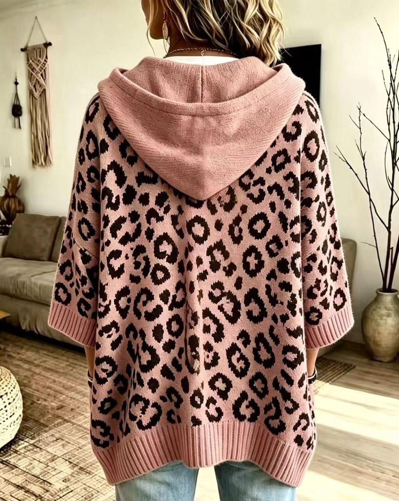 Shengmiao Women's Leopard Print Knit Hoodie Sweater with Drawstring