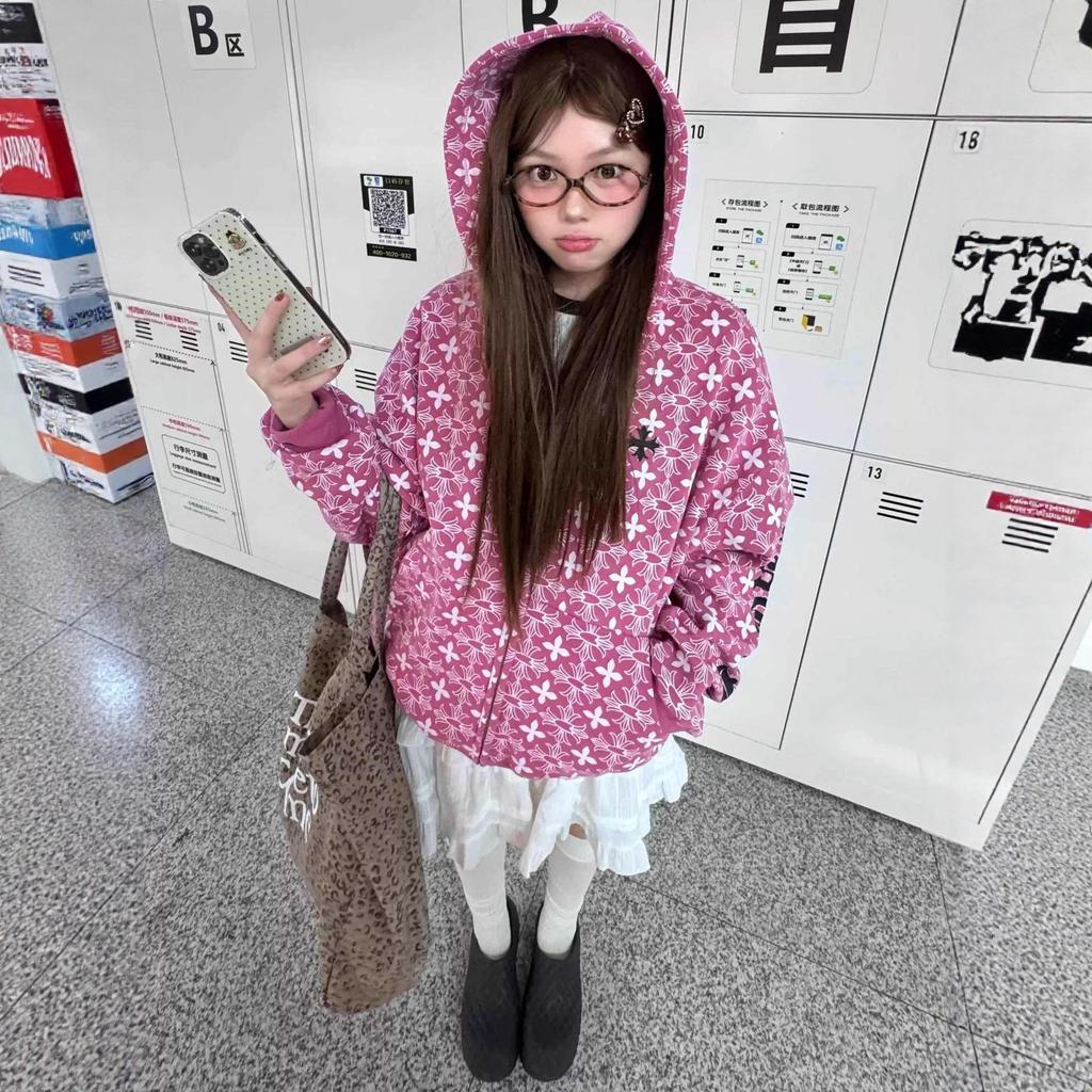 American Retro Gothic Letter Hooded Sweater Jacket Women's 2025 New Design Loose Zipper Cardigan