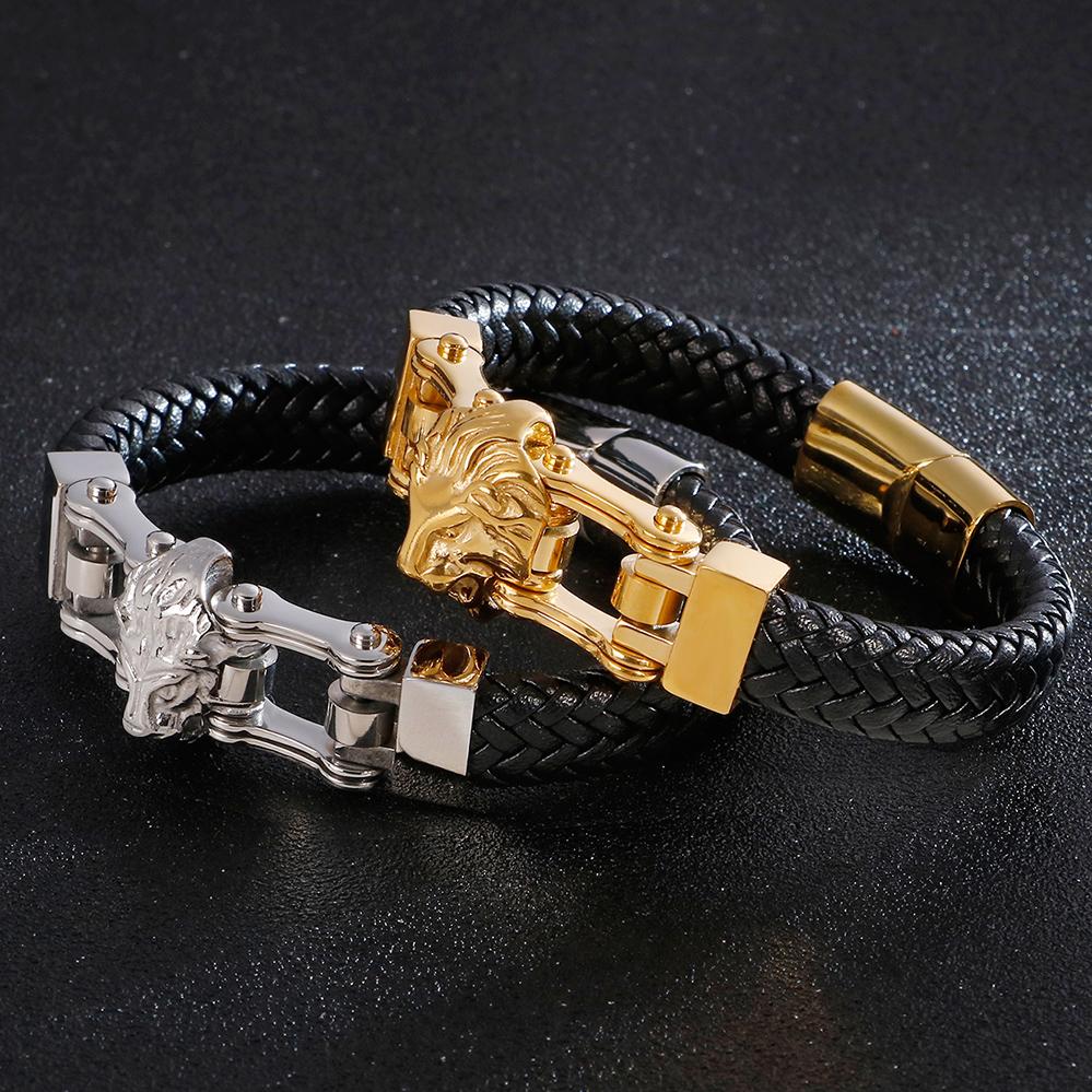 Punk Goth Lion Head Men's Bracelets & Bangles Braided Genuine Leather Man Bracelet Gold Color Stainless Steel Bike Chain Jewelry