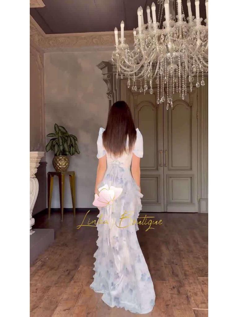 Women's 2025 Spring Retro Elegant Short Sleeve Waist-Cinching Long Dress