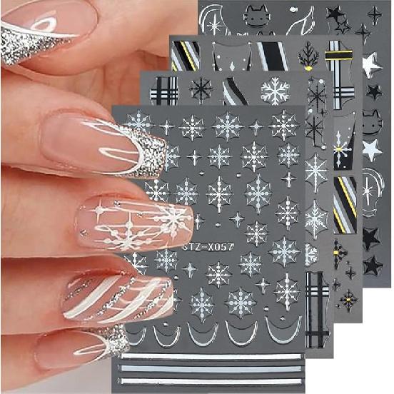 4 Sheets Christmas Nail Stickers for Nail Art 3D Self-Adhesive White Snowflake Nail Art Stickers Winter Xmas Tree Elk Design French Tip Nail Decals