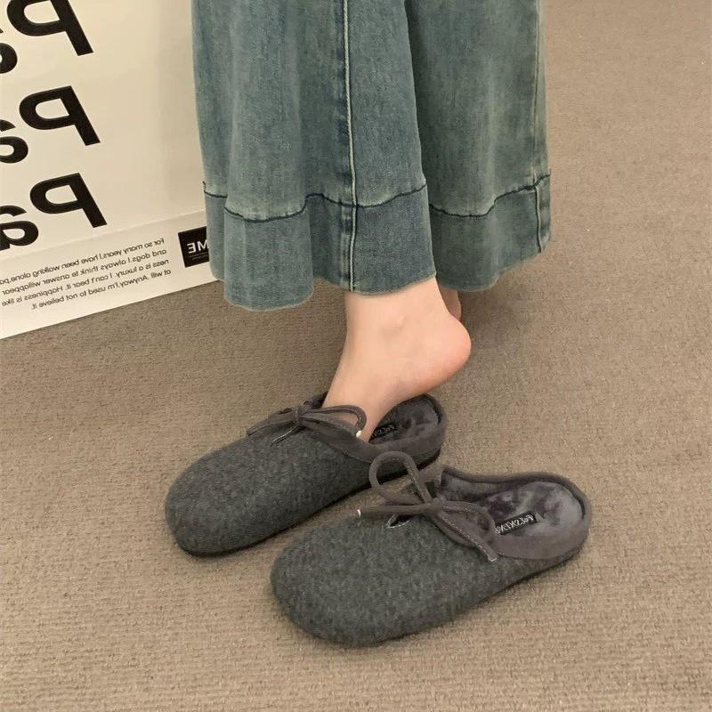 Korean Version of Ancient Covered Round Head Lace-up Bow Doudou Cotton Shoes, Inner Height Increase, Plush Warm Fluffy Shoes for Women's Autumn a