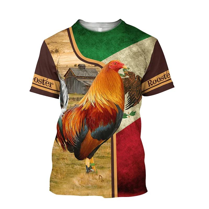 Lustiger Hahn 3D-Druck Herrenmode Colorblock Bequemes Atmungsaktives T-Shirt, Neues Lässiges Rundhals Kurzarm T-Shirt für Frühling Sommer Herrenbekleidung