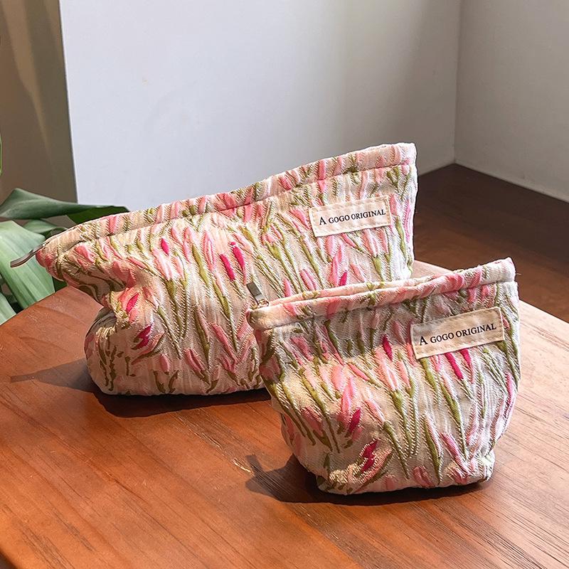 Kosmetiktasche mit großem Fassungsvermögen und rosa Tulpenmuster zur Aufbewahrung von Hautpflegeprodukten und Make-up