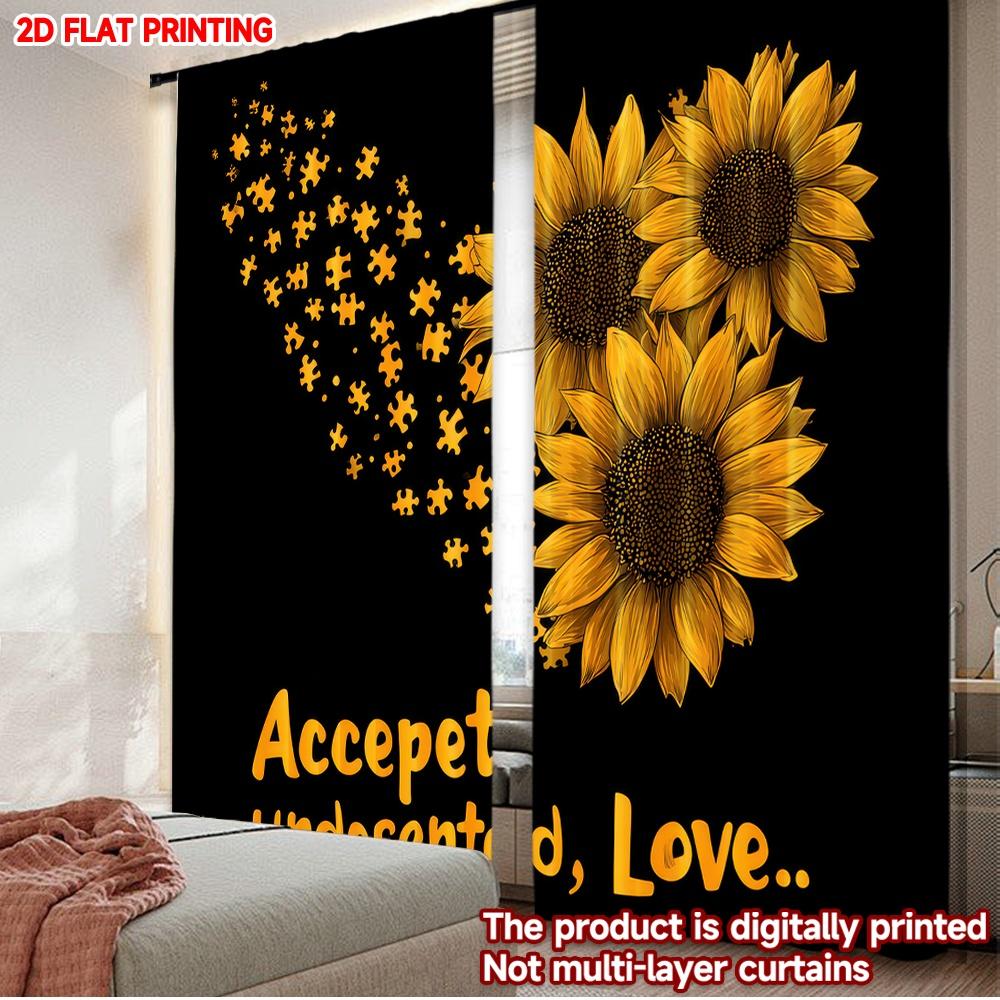 

Плоская Печать Высокое Качество Рождественские Шторы Осведомленность об Аутизме Подсолнухи Цифровая Печать Полиэстеровые Шторы День Рождения Комплект из 2 Штук Сделано W100*H70(CM)-Hooks&1PCS