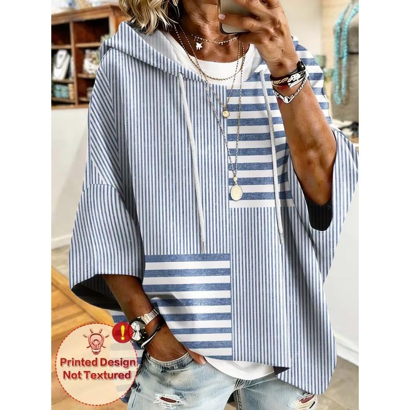 Women Three‑Quarter Sleeves Loose Hoodie Retro Floral Casual Vacation Top