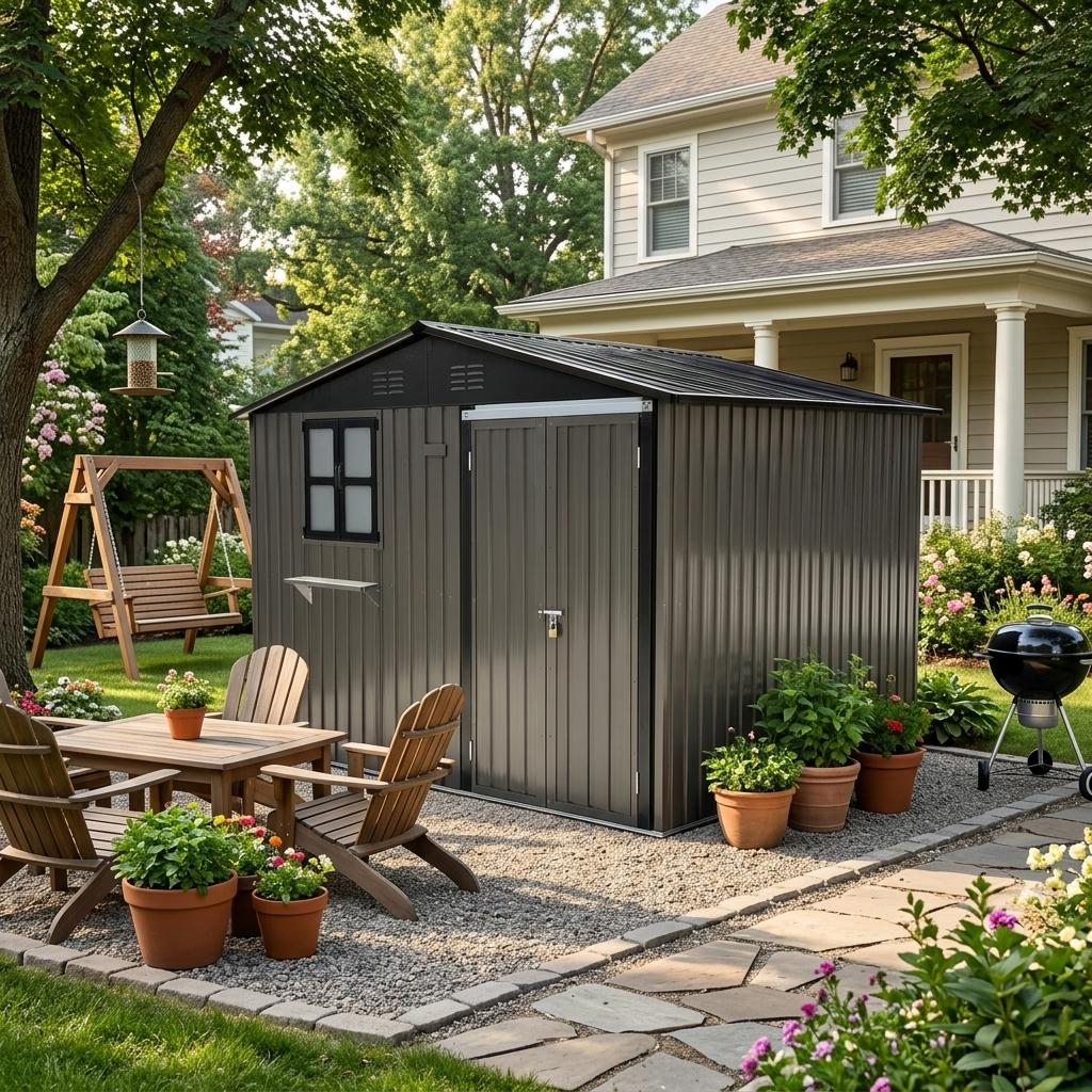 Brown Galvanized Steel Outdoor Tool Shed, Dimensions 295 × 243.6 cm (7.19 m²), with Openable Windows, Lockable Door and Flower Rack, Waterproof