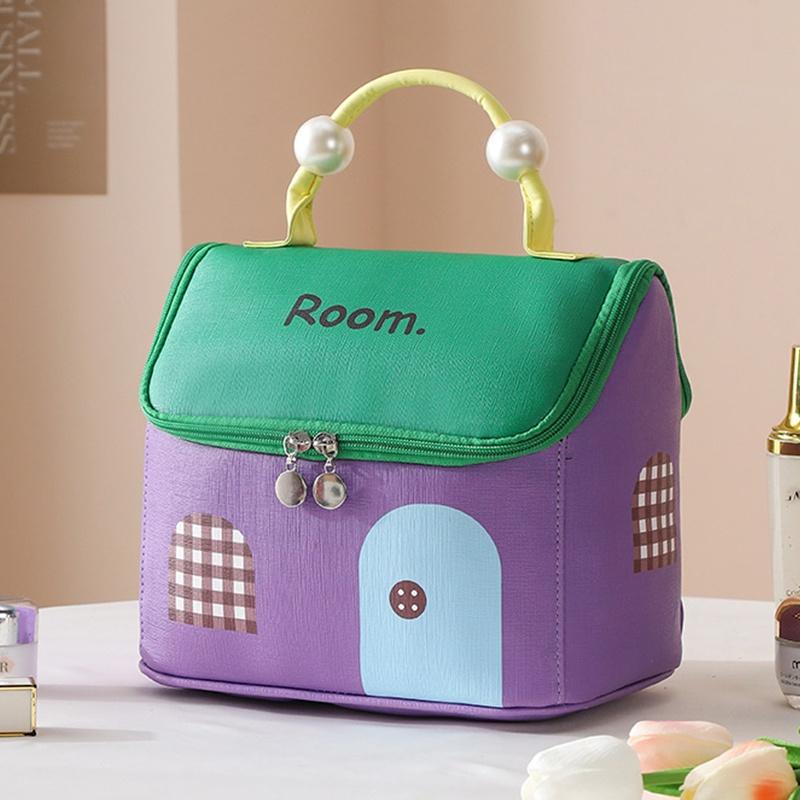 Cute House Shaped Cosmetic Bag Stain Resistant Foldable Space-Saving Makeup Organizer for Travel Home Storage