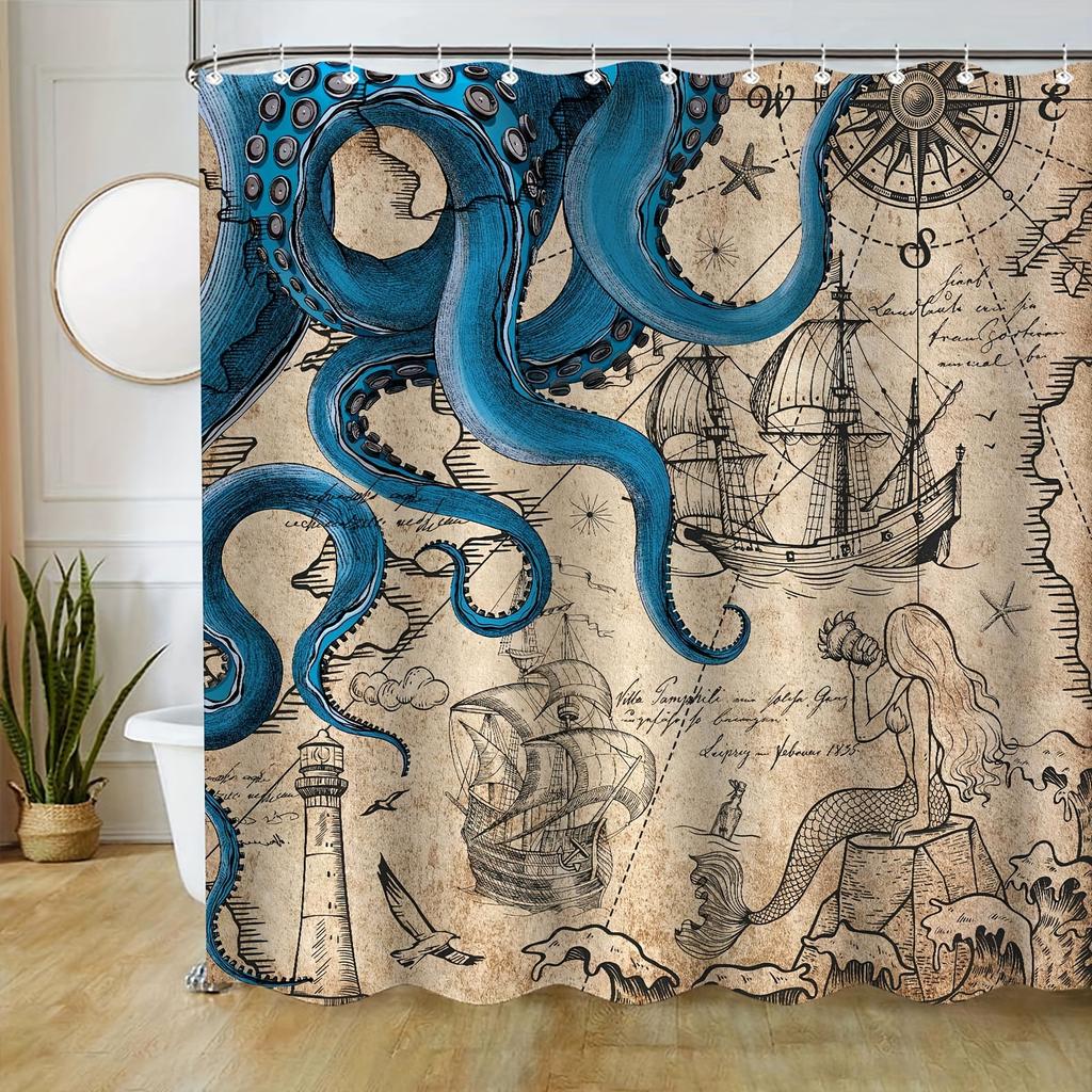 Navy Blue Waterproof Shower Curtain - Vintage Nautical Octopus, Mermaid, Kraken, Anchor Map Ocean Theme Bath Curtain Decor