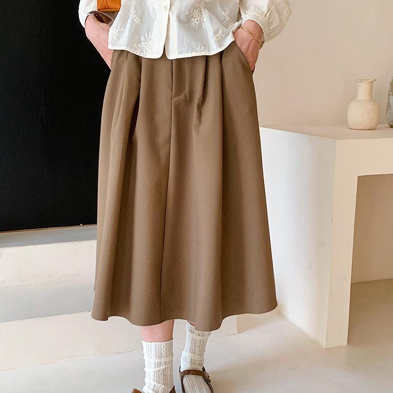 

Новая юбка средней длины с высокой талией и тонкая для женщин, А-силуэт/юбка-зонт, универсальная и удобная XXL хаки