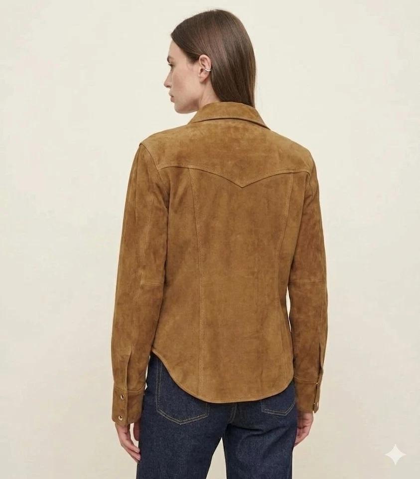 Suede Lambskin Leather Brown Soft Formal Genuine Women's Shirt Stylish Handmade