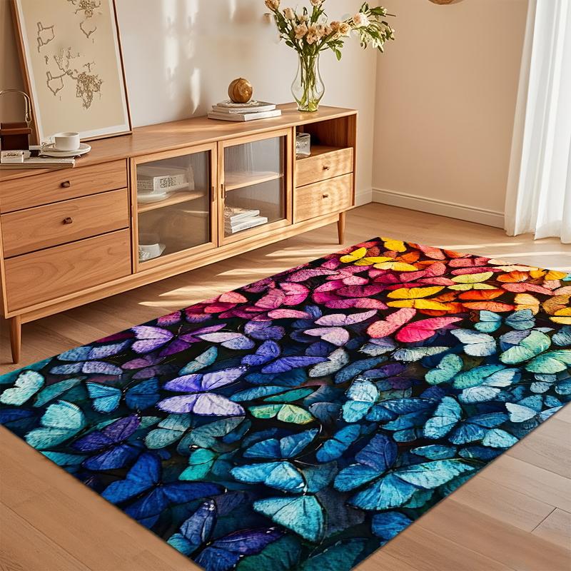 Multicolor Rainbow Butterfly Area Rug for Living Room Bedroom Whimsical Eco-Friendly Home Decor Soft Non Slip Washable Floor Mat