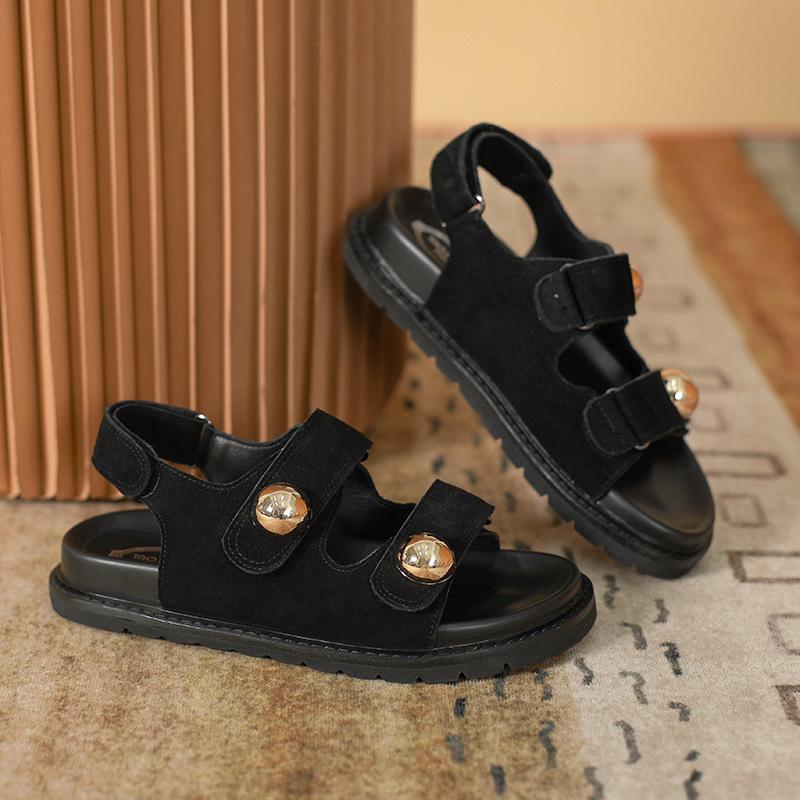 Leather Platform Flat Heel Casual Shoes Hollow Muffin Bottom Open Toe Velcro Large Size Sandals Women