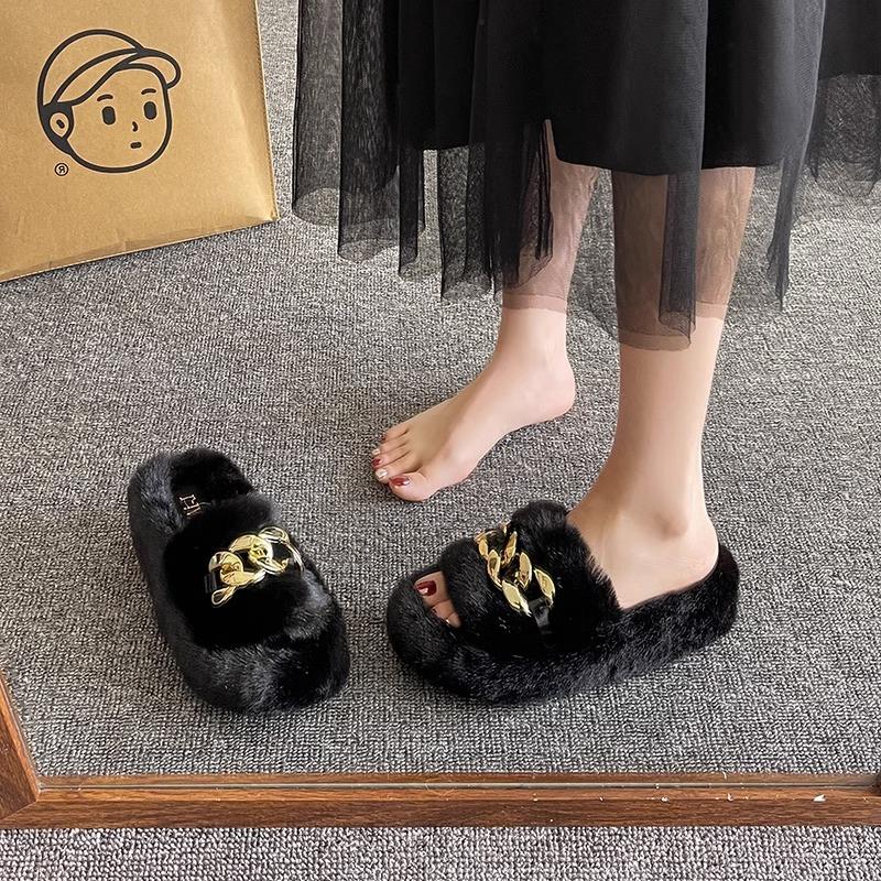 Height heel thick bottom fluffy slippers women wear autumn and winter cotton drag chain Internet celebrity popular plush slippers spring and summer