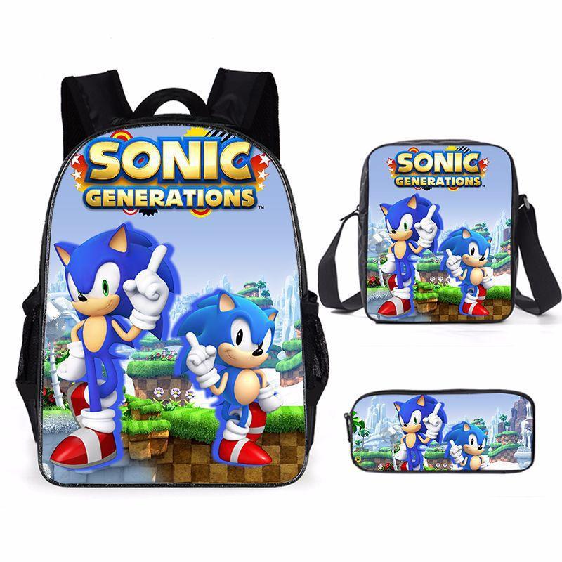 Cartoon Sonic Backpack, Primary And Secondary School Schoolbag, Messenger Bag, Pencil Case Three-Piece Set