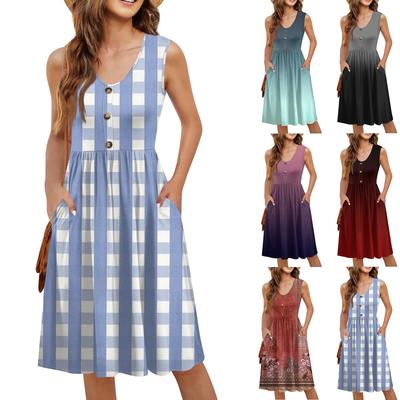 Mouwloze zomerjurken voor dames, casual, losvallend, swingend, midi-jurk met knoopsluiting en zakken.
