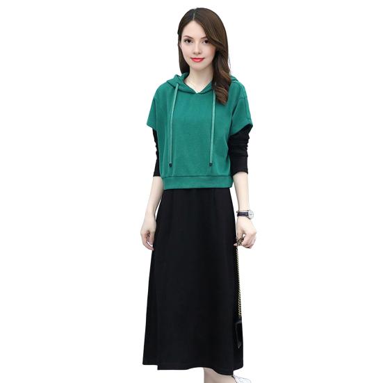 Women's 2 Piece Dress Set Pullover Hooded Drawstring Sweatshirts Midi Dress Lounge Sets Casual Fall Spring Outfits
