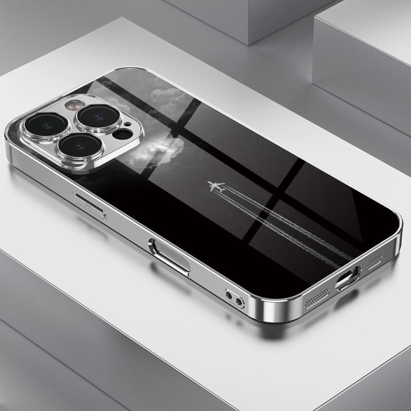 Minimalistyczne szklane etui na telefon z galwanizowanym wzorem chmury i samolotu dla iPhone 17 Pro Max 16 Plus 15 14 13 12 11 16E 17 Air Cover