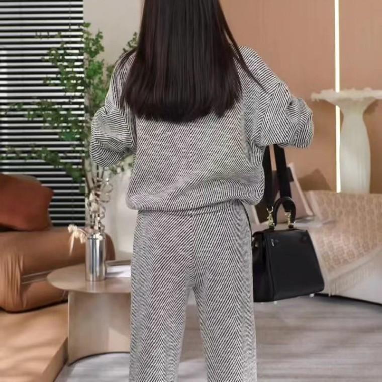 Women's Spring and Fall Striped Casual Sports Suit Loose Zipper Top + Wide Leg Pants Two-piece Set