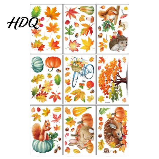 Autumn Atmosphere Window Stickers for Office 9PCS Forest Animal Clings Thanksgiving Maple Leaf Pumpkin Stickers Static Glass Decals Fall Decor