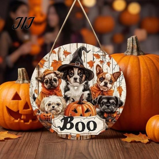 Front Porch Hanging Sign Wooden Halloween Door Sign, Cute Puppy Witch Hat Pumpkin Boo Festive Home Ornament Hanger, Fall Maple Leaf Wall Decor
