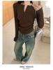 Plus Size Women's Spring/Autumn Long Sleeve Half-Open Neck Slimming Base Layer Top - Korean Style