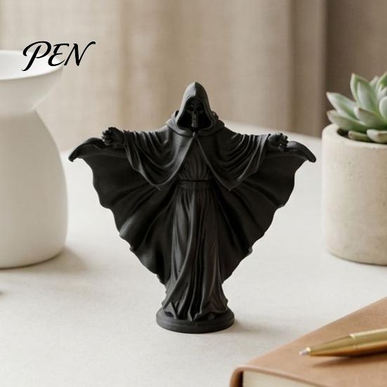 Durable Matte Black Decor 3D Printed Skeleton Figurine with Cloak, Gothic Statue, Spooky Tabletop Mysterious Character Sculpture Robe, Faceless