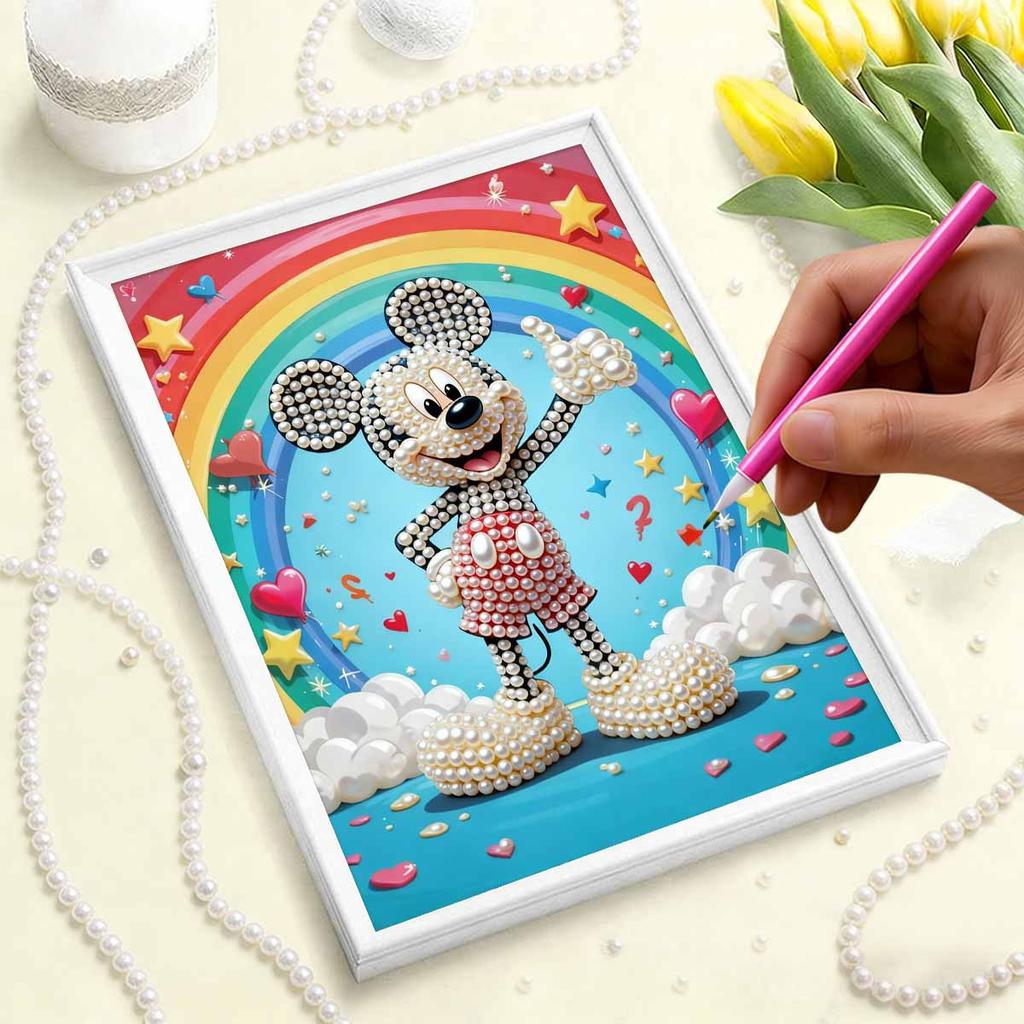 Rainbow Heart Mickey Pearl-Inlaid Frameless Art | Handmade Pearl Craft, Rainbow Cloud Theme, for Playful Home Decor & Great Gift Choice