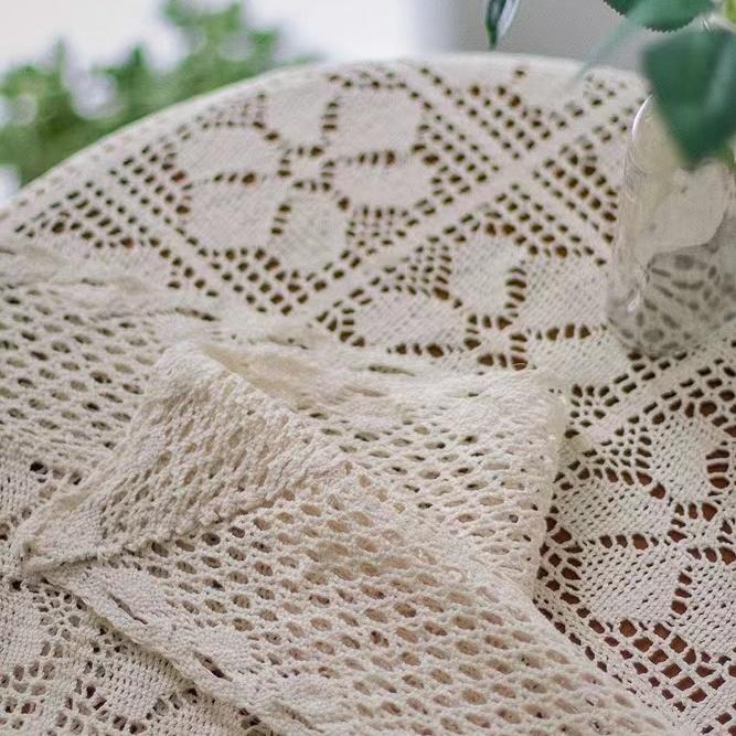 Round Tablecloth Imitation Crochet Forest Style Hollow Lace Coffee Table Cover with High Aesthetic Value Photo Background